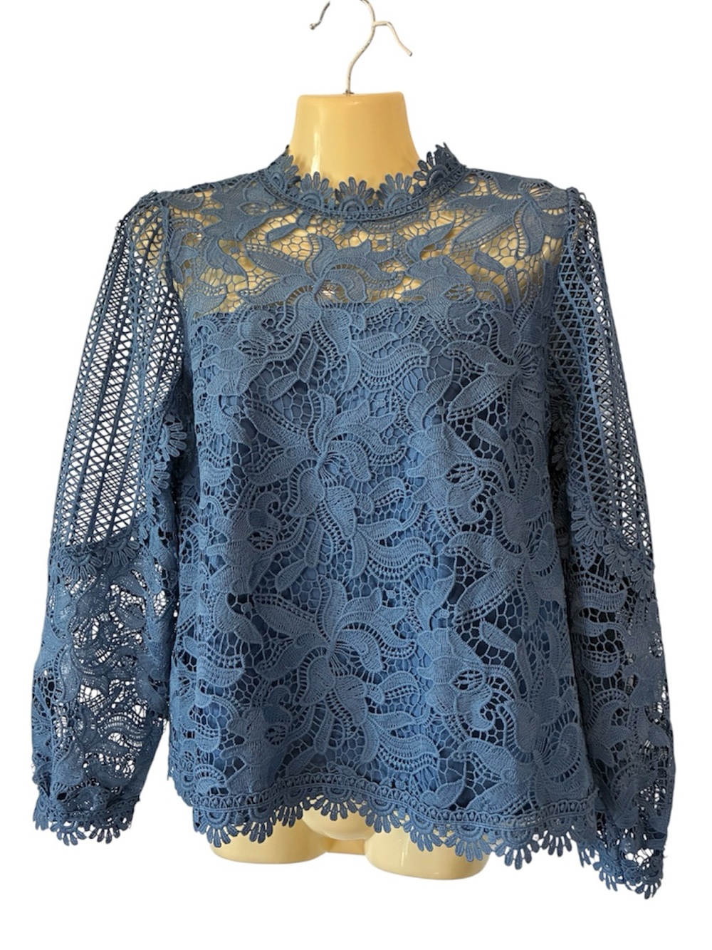 Ultra Pink Fairycore Blouse Mock Neck Lace Sheer Long Sleeve Boho Blue Small NWT